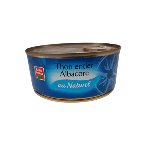 Une canette de Thon Entier Albacore 185g montrant son thon riche et tendre, emballé dans son jus naturel.
